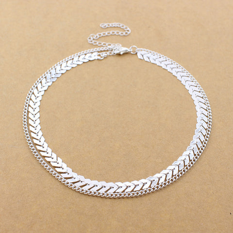 2019 Gold Color metal Two Layer Choker Necklaces Fishbone Chain simple jewelry collana Kolye Bijoux Collares Mujer collier femme