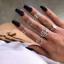 8 Pcs/set Fashion Openwork Geometric Lotus V Rhombus Joint Silver Rings Set Women Wedding Party Jewelry Accessories