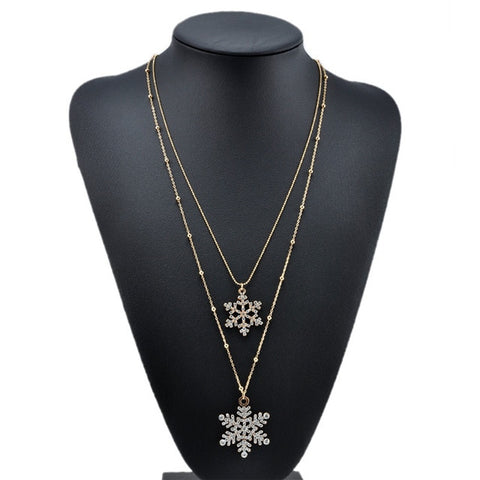 Fashion Gold Rhinestone Snowflake Pendant Necklaces Long Sweater Chain Double Layers Necklace & Pendant Christmas Gift Jewerly