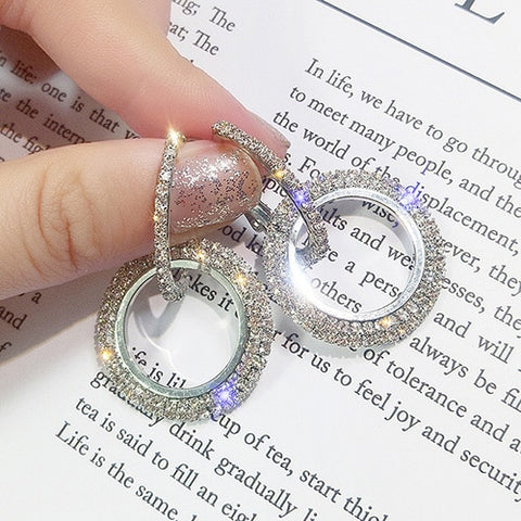 Hot Party Big Circle Drop Earrings for Women Simple Blue Rhinestone Double Round Geometric Pierced Earring Jewelry Gift 4 Colors