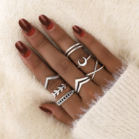 7 Pcs/set Classic Ring Simple Vintage Moon Cross Leaves Geometric Silver Knuckle Joint Finger Rings Women Wedding Gifts Jewelry