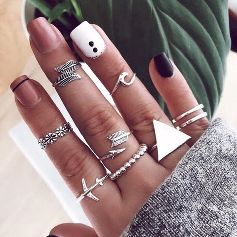 9 Pcs/set Vintage Rings Lady Charm Silver Triangle Leaf Airplane Arrow Wave Flower Silver Ring Set Fashion Beach Party Jewelry