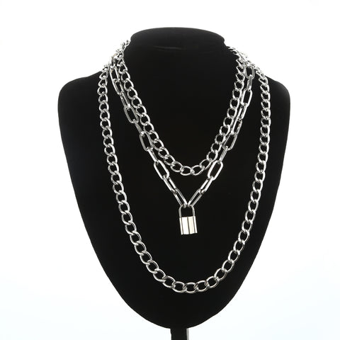 Layered chain necklace  lock pendant necklace women multilayer choker metal padlock chains  goth jewelry  costume accessory