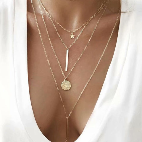 Bohemian Star Moon Multi Layered Necklace Women Choker Vintage Coin Crescent Geometric Pendant Necklace Collier Collares