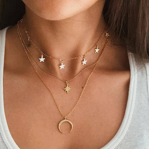 Bohemian Star Moon Multi Layered Necklace Women Choker Vintage Coin Crescent Geometric Pendant Necklace Collier Collares