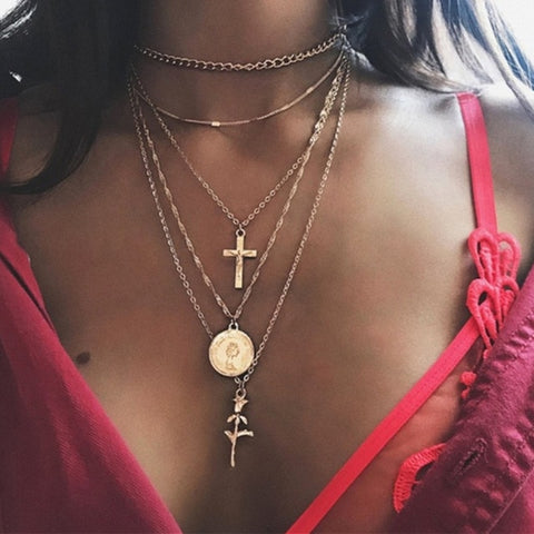 Bohemian Star Moon Multi Layered Necklace Women Choker Vintage Coin Crescent Geometric Pendant Necklace Collier Collares