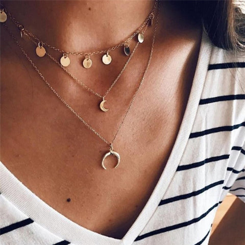 Bohemian Star Moon Multi Layered Necklace Women Choker Vintage Coin Crescent Geometric Pendant Necklace Collier Collares