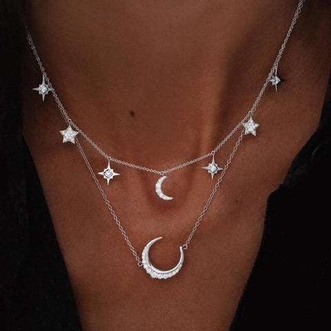 Bohemian Star Moon Multi Layered Necklace Women Choker Vintage Coin Crescent Geometric Pendant Necklace Collier Collares