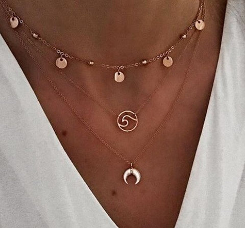 Bohemian Star Moon Multi Layered Necklace Women Choker Vintage Coin Crescent Geometric Pendant Necklace Collier Collares