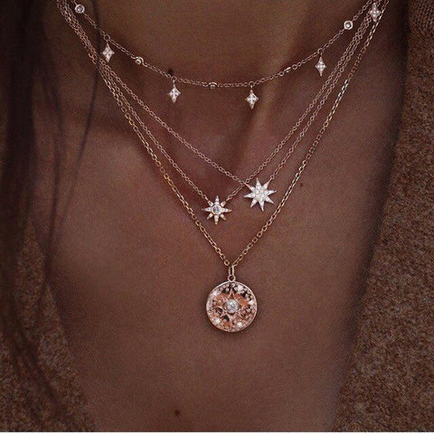 Bohemian Star Moon Multi Layered Necklace Women Choker Vintage Coin Crescent Geometric Pendant Necklace Collier Collares