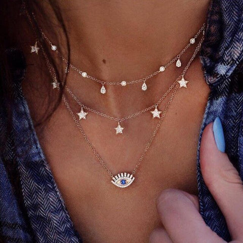 Bohemian Star Moon Multi Layered Necklace Women Choker Vintage Coin Crescent Geometric Pendant Necklace Collier Collares