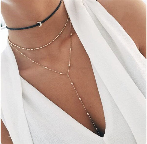 Bohemian Star Moon Multi Layered Necklace Women Choker Vintage Coin Crescent Geometric Pendant Necklace Collier Collares