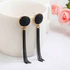 Chain Tassel Long Dangle Earrings Gold Color Maxi Hanging Drop Earring For Women With Black Stones Bohemian Bride Party Jewelry