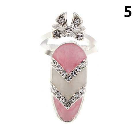 Bowknot Nail Ring Charm Crown Flower Crystal Finger Nail Rings For Women Lady Rhinestone Fingernail Protective Fashion Jewelry