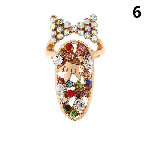 Bowknot Nail Ring Charm Crown Flower Crystal Finger Nail Rings For Women Lady Rhinestone Fingernail Protective Fashion Jewelry