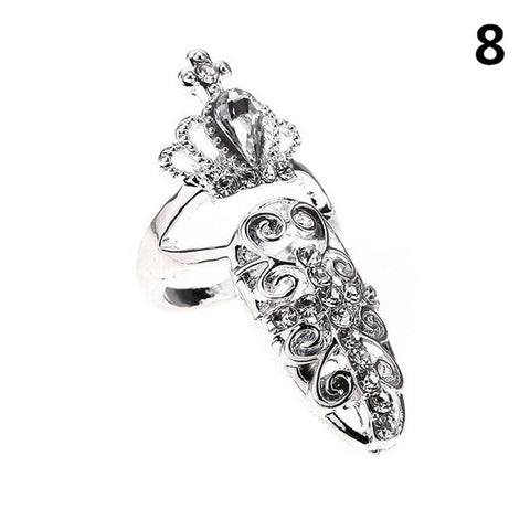 Bowknot Nail Ring Charm Crown Flower Crystal Finger Nail Rings For Women Lady Rhinestone Fingernail Protective Fashion Jewelry