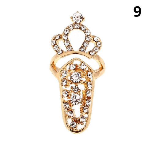 Bowknot Nail Ring Charm Crown Flower Crystal Finger Nail Rings For Women Lady Rhinestone Fingernail Protective Fashion Jewelry