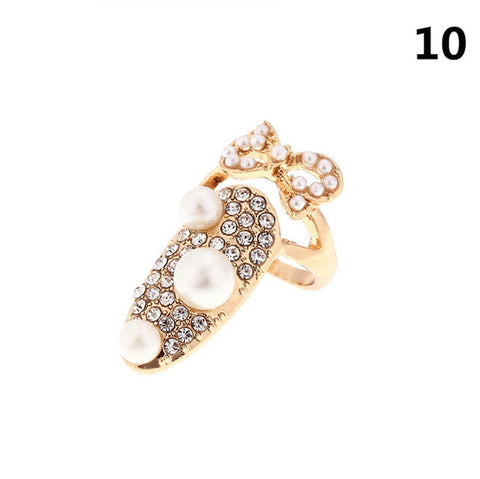 Bowknot Nail Ring Charm Crown Flower Crystal Finger Nail Rings For Women Lady Rhinestone Fingernail Protective Fashion Jewelry