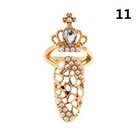 Bowknot Nail Ring Charm Crown Flower Crystal Finger Nail Rings For Women Lady Rhinestone Fingernail Protective Fashion Jewelry