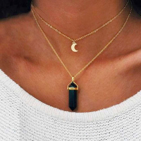 Bohemia Hexagonal Column Quartz Moon Choker Necklace Fashion Natural Stone Bullet Crystal Pendant Necklace For Women Jewelry